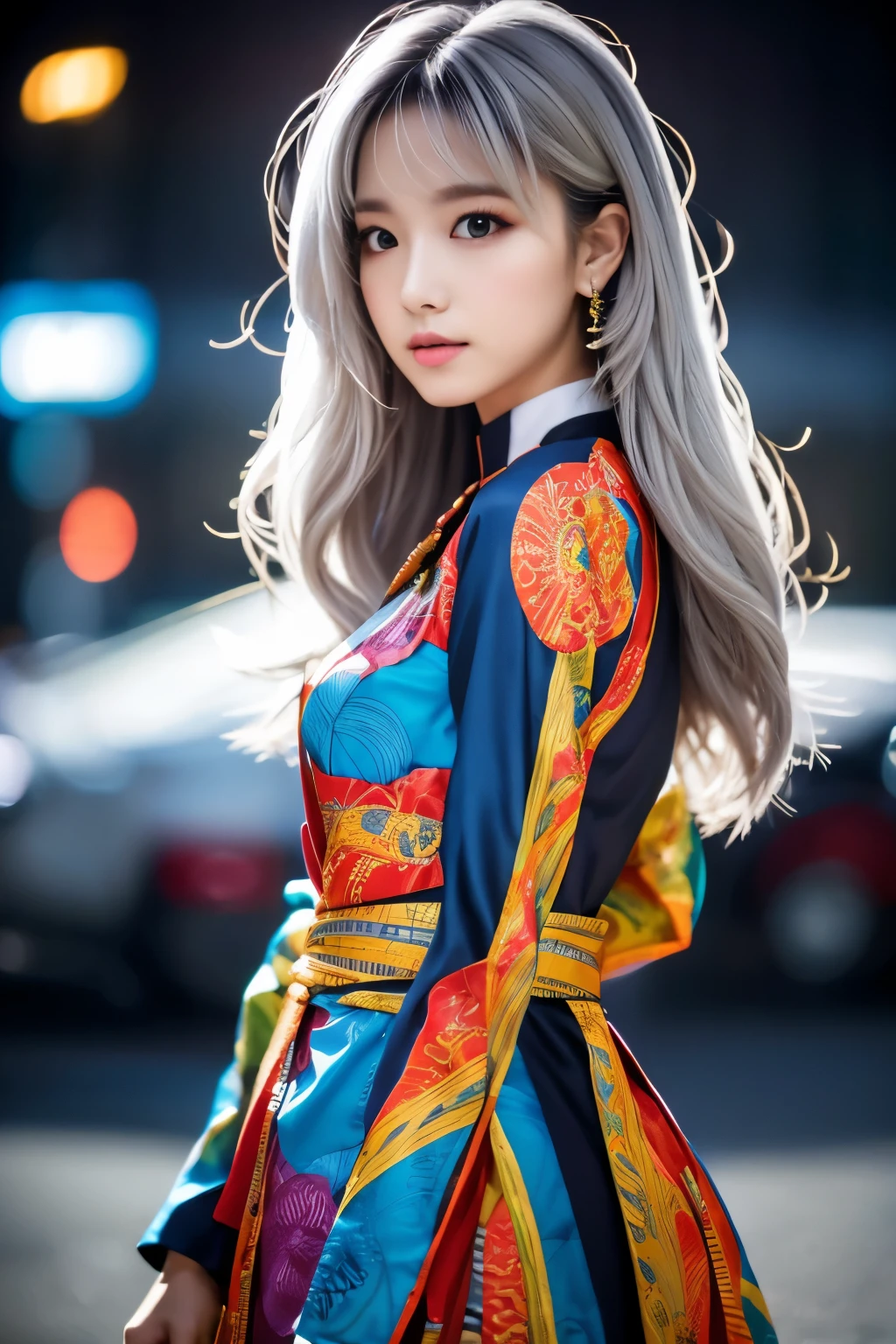 Masterpiece, high quality, high resolution, 8K, (solo:1.2), ((1girl)), Japanese woman, detailed face, detailed eyes, correct body structure, upper body, ((White hair:1.2)), very long hair, messy hair, slender body, seductive silhouette, luminous bones, depth of field, dark photo at nighttime, dimly lit, bangs, Cinematic Lighting, Tyndall effect, abstract background, futuristic outfits, vibrant colors, modern style, wide sleeves, artistic, unique patterns, colorful, stylish, trendy