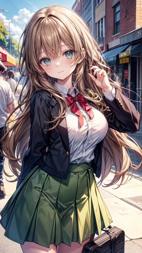 1girl, long brown hair,green eyes,school uniform, cute hip, big breast, smile,anime high quality, 8K
