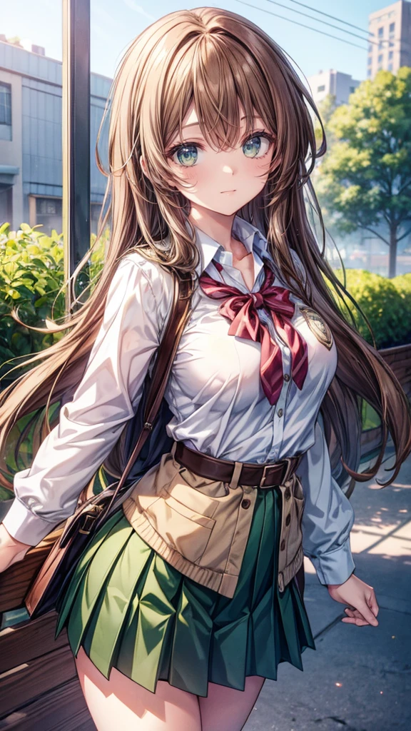 1girl, long brown hair,green eyes,school uniform, cute hip, big breast, smile,anime high quality, 8K