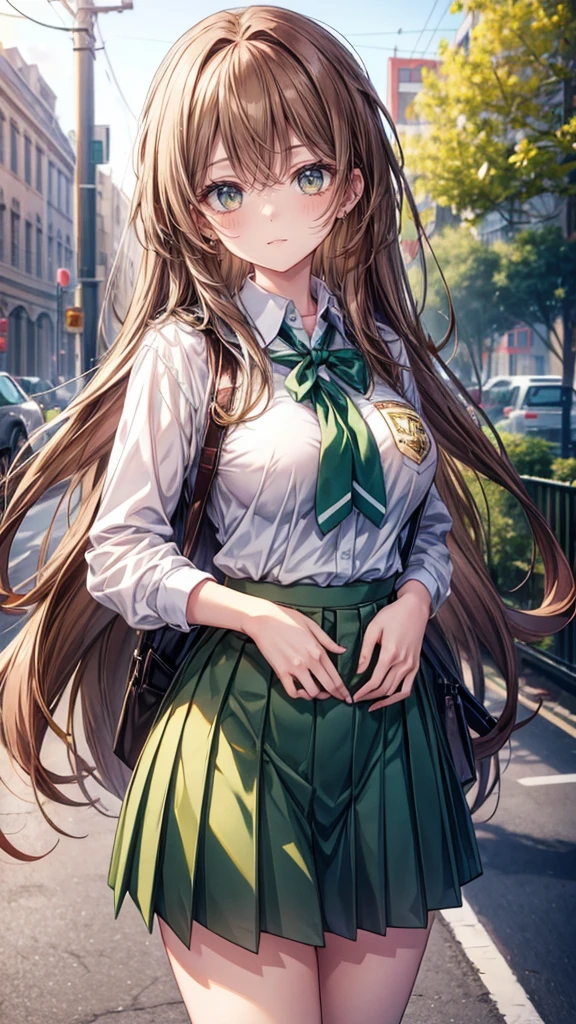 1girl, long brown hair,green eyes,school uniform, cute hip, big breast, smile,anime high quality, 8K