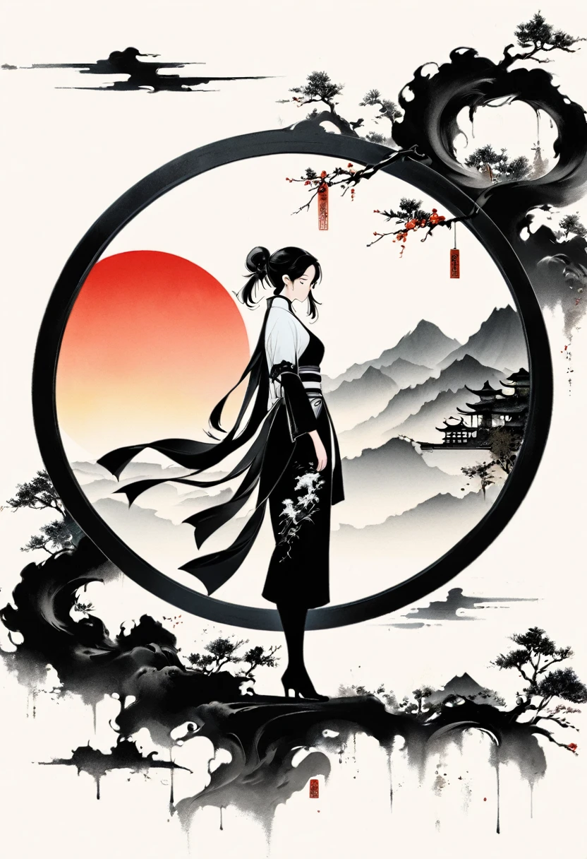 Artistic ink painting，Three-dimensional ink painting，Minimalism，Minimalist graphics，Minimal Art，Chinese anime girls，whole body，Chinese style，antiquity，Ink Painting，sunrise，Distant Mountains，Black and white background，古韵White Space，White Space，大面积White Space，Texture Matte，Low saturation，Minimalist composition，Master composition