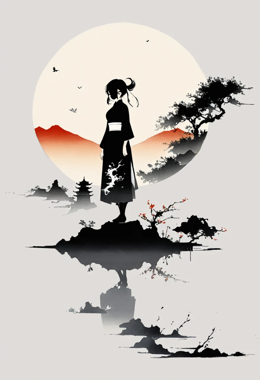 Artistic ink painting,Three-dimensional ink painting,Minimalism,Minimalist graphics,Minimal Art,Chinese anime girls,whole body,Chinese style,antiquity,Ink Painting,sunrise,Distant Mountains,Black and white background,古韵White Space,White Space,大面积White Space,Texture Matte,Low saturation,Minimalist composition,Master composition