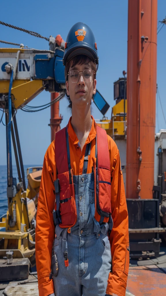real photos like photos uploaded by workers at sea with a black background wearing clothes that are a mix of orange and gray wearing live red jackets, glasses with blue helmets