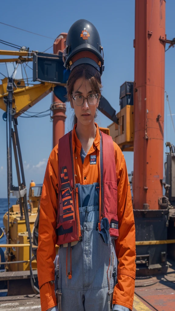 portrait of a middle aged woman with her hands in her pockets and saggy tits, working at a shipyard where men in protective clothes are welding ships in the background
