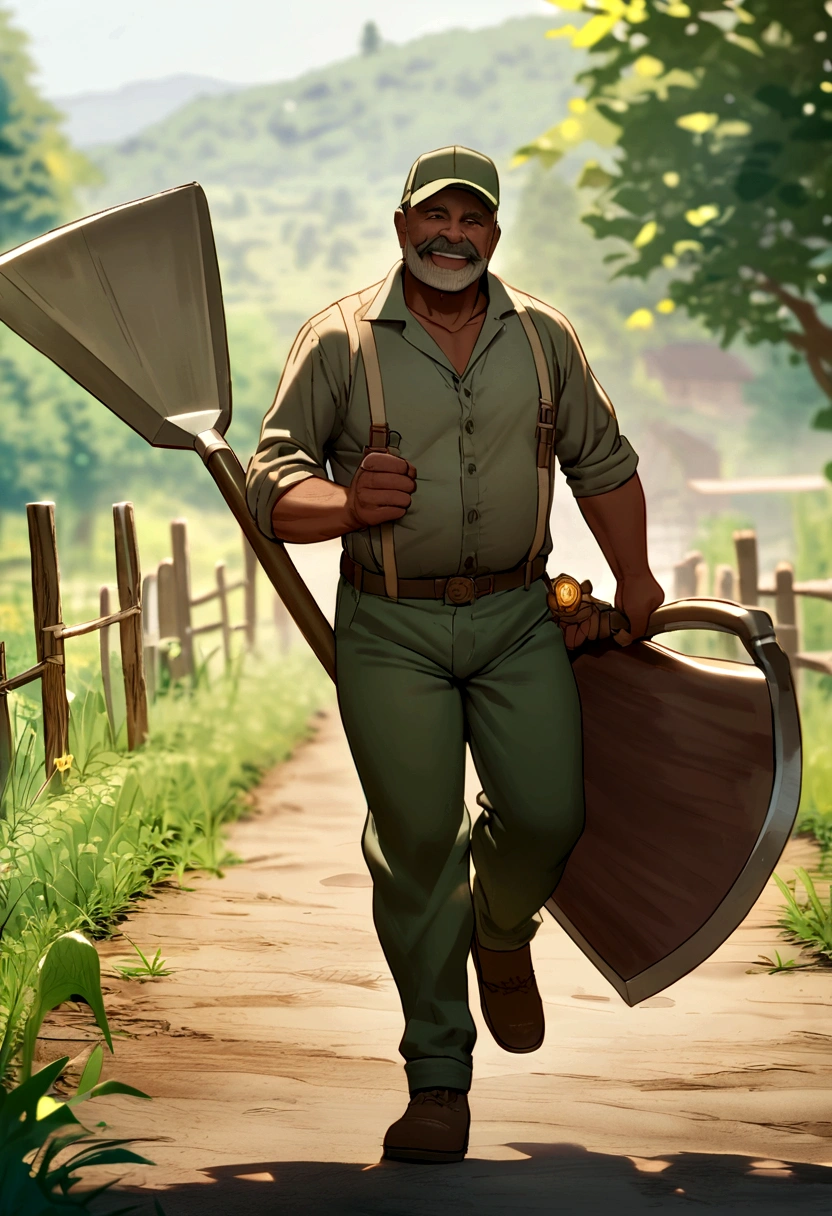 On a farm road，Vision，Farmer Uncle，Carry a hoe