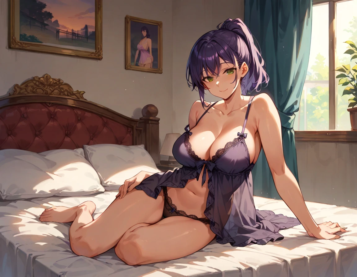 score_9, score_8_up, score_7_up, source_anime, 1girl, dark purple hair, brown eyes, ponytail, large breasts, babydoll, lace panties, seductive smile, sexy pose, on bed, bedroom, hotel,