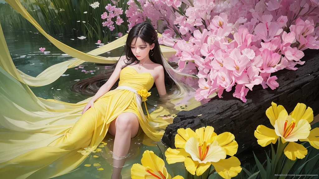 32k, Masterpiece, Highest quality, One girl, Detailed eyes, flower,gladiolus, Yellow and pink style,A dreamy, romantic piece,Pale yellow, Mysterious Leaves,A playful arrangement,Fantasy,High Contrast,Ink strokes,explosion,Exposure, Impression of yellow and white tones,Abstract,((Watercolours by John Berkey and Jeremy Mann )) Brush strokes,Negative Space, Tyndall effect,
