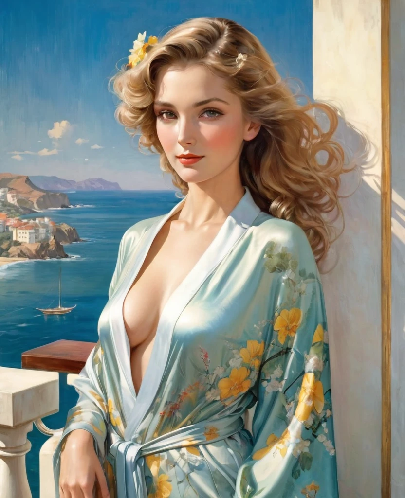 (masterpiece), 1 woman, sitting on the balcony railing, hands above head straightens hair, a beautiful silk robe in flowers is thrown over the shoulders, the robe is unbuttoned, visible hairs on the pubic genitals:1.7), Smile on his face, ethereal and beautiful Hugo Boss model from the 1940s.., Beautiful painting with a very detailed face by Alphonse Mucha.., Craig Mullins, Greg Rutkowski, Magali Villanueva, (The most beautiful picture), The whole body is visible, sexy pose, ideal body shape, view from knee level, on the balcony against the backdrop of the beautiful seashore