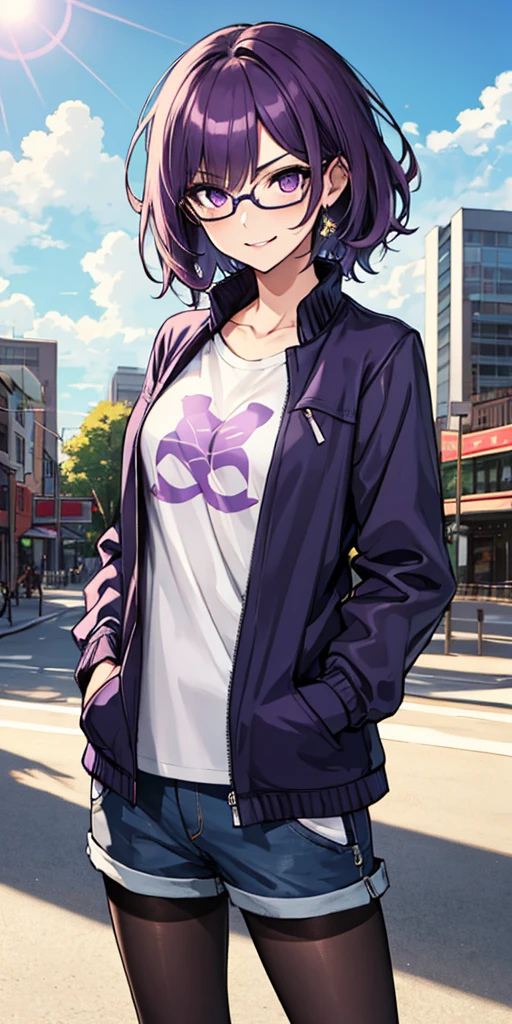 (masterpiece), best quality, expressive eyes, highres, anatomically correct, 1girl, perfect face, perfect hands, female, short hair, messy hair, wavy hair, purple hair, side bang, purple eyes, fair skin, medium chest, slight smirk, purple glasses, casual wear, cowboy shot, half body, perfect anatomy, shorts, graphic t-shirt, jacket, casual wear, pantyhose, medium bust, hands in pockets, posing, city background, blue sky, clouds, sun,