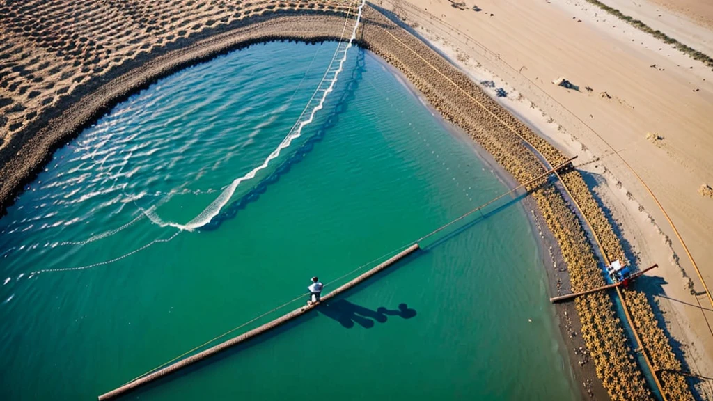 Top view,Close shot,Two children are fishing for pearls with a fishing net in the shallow sea,Beach blue,sunny。spray。Clear