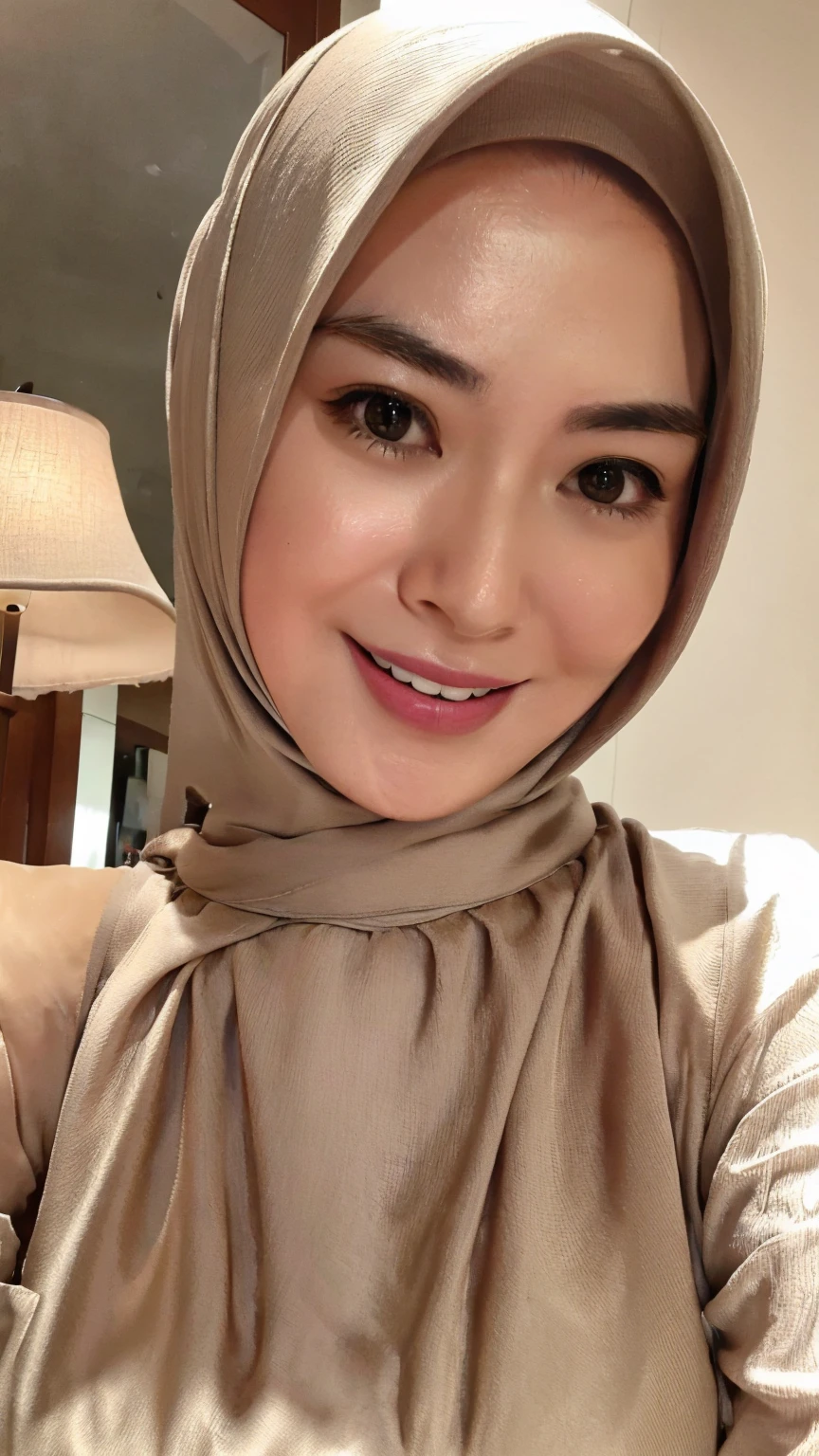 (best masterpiece), ultra-high quality, highly detailed, Ultra-HD Images, soft lighting, Ultra-Fine Picture, DSLR, ultra sharp, ((Ultra-HD Picture:1.4)), 8K IMAGES, ((realistic detailed human:1.2)), Ayana Mooj-Instagram Celeb, hijab, big breast, forward chest, wearing a spaghetti strap tank top, boxer shorts, Thin smile, Round eyeballs, droopy eyelids, looking down pose, living room