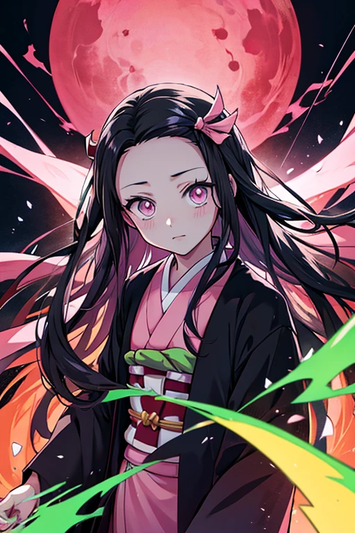 Anime,Nezuko Kamado,Demon Slayers series,Anime series , wide four head,pink pupils,pink kimono with green and black belt, long black hairs