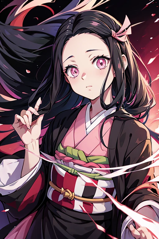 Anime,Nezuko Kamado,Demon Slayers series,Anime series , wide four head,pink pupils,pink kimono with green and black belt, long black hairs