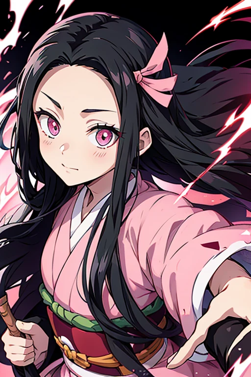 Anime,Nezuko Kamado,Demon Slayers series,Anime series , wide four head,pink pupils,pink kimono with green and black belt, long black hairs