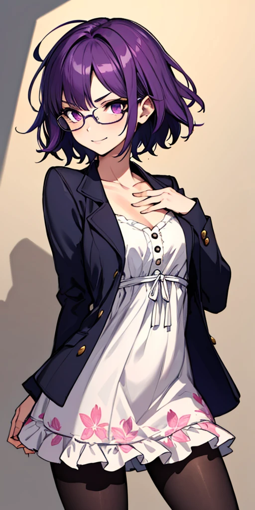(masterpiece), best quality, expressive eyes, highres, anatomically correct, 1girl, perfect face, perfect hands, female, short hair, messy hair, wavy hair, purple hair, side bang, purple eyes, fair skin, medium chest, slight smirk, purple glasses, casual wear, cowboy shot, half body, perfect anatomy, dress, floral dress, jacket, casual wear, pantyhose, sundress hat,