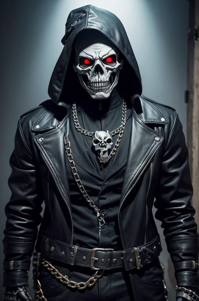 A biker standing in a terrifying skeletal mask with chains and a revolver in his hand 