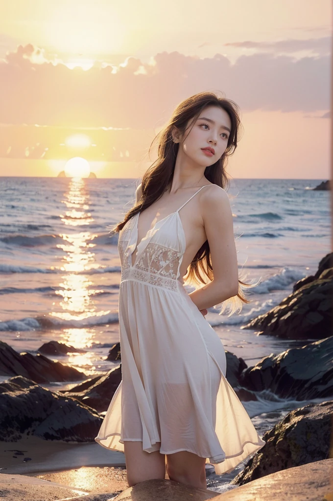 (((best quality))),(((ultra detailed))),(((masterpiece))),illustration,1 girl, solo,slim,flat chest,(sunrise:1.5),standing,at the seaside,dawn,soft light, serene atmosphere,shoulder length straight bob hair, sparkling blue eyes, fair skin, white sundress, seashell patterns, on the cliff edge, azure sea, waves crashing, seagulls soaring,joyful expression, warm sunlight, ethereal presence, peaceful setting,upper body,from front,arms behind back