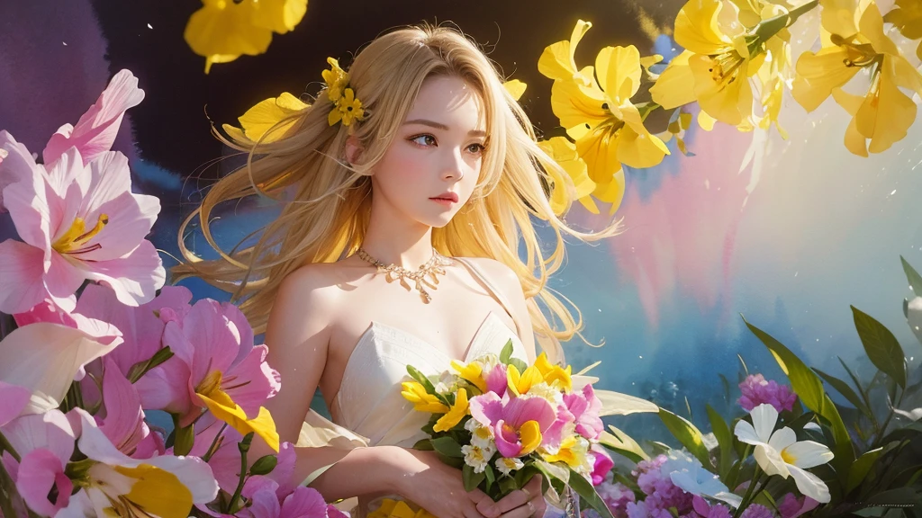 32k, Masterpiece, Highest quality, One girl, Detailed eyes, flower,gladiolus, Yellow and pink style,A dreamy, romantic piece,Pale yellow, Mysterious Leaves,A playful arrangement,Fantasy,High Contrast,Ink strokes,explosion,Exposure, Impression of yellow and white tones,Abstract,((Watercolours by John Berkey and Jeremy Mann )) Brush strokes,Negative Space, Tyndall effect,