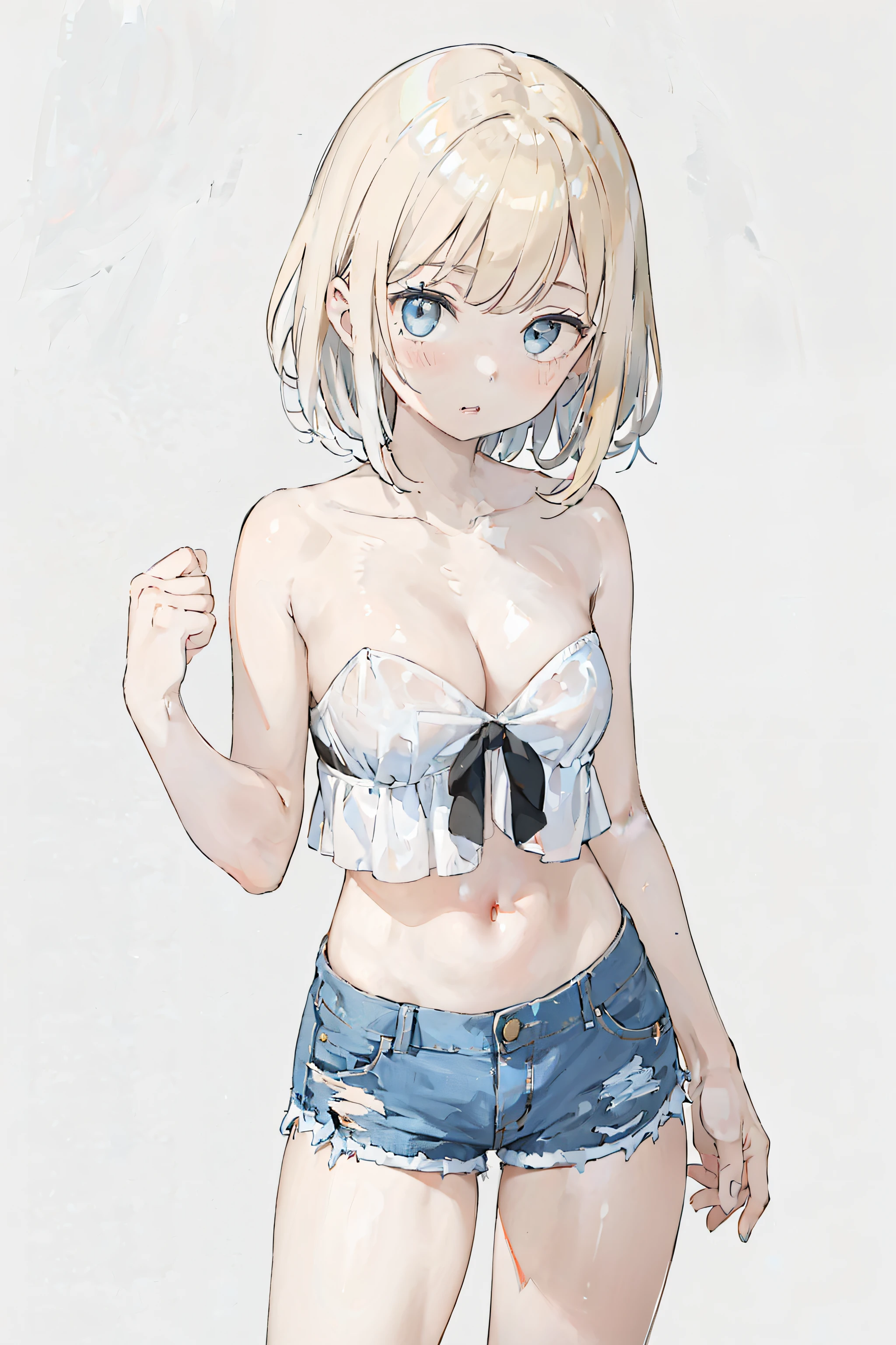 1girl, strapless, tube top, denim shorts, Cleavage, navel, simple background,