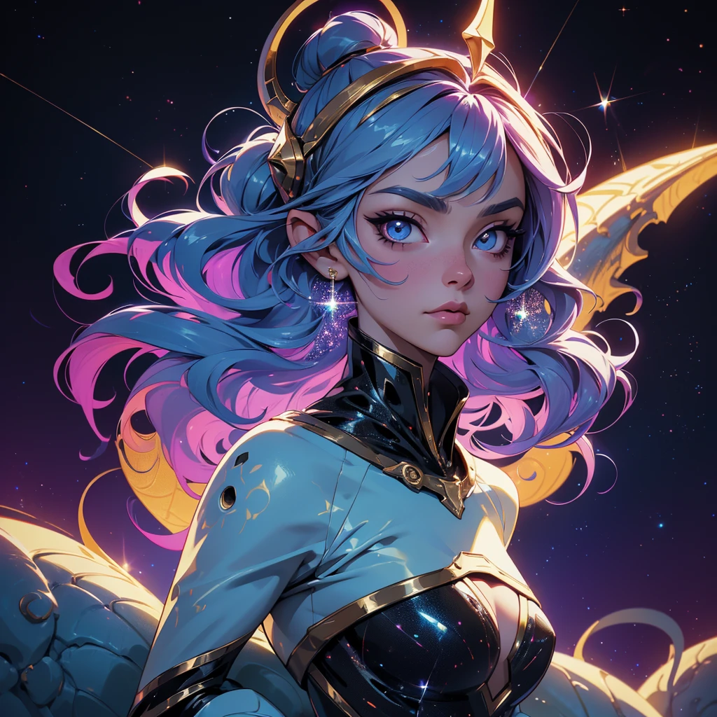 A space dragon sitting at the edge of the universe, lonely, sad, void, stars, the stars mixed in the sea, a sea of stars, ethereal woman, Blue and purple hair , space buns, space outfit, white black and gold outfit, golden dragon horns and tail, space outfit, space suit, mass effect suit, perfectly drawn face, black dress, stars detailed background, prismatic lighting, glitter, whole body, walking on the stars with crystal shoes A beautiful dragon humanoid woman with space hair of variant shades of blue and purple with space buns in hair , Golden scanes on the face and shoulders, Anime, 4k, Beautiful woman with a golden dragon tail and horns, Space hair, Floating in space, Vintage space Attire, floating through space, dancing, havign fun, Space Witch, Witch, Older woman, Toned physique, long hair with side bangs, humanoid face with scales, human with dragon horns and tail, witch outfit, body suit, thigh boots, wearing black, white and gold, blue hair, purple hair, Woman in space with water rippling reflecting the night sky, space and water mixed today, dancing in space, floating, ethereal dragon at the edge of the universe, end of the universe
