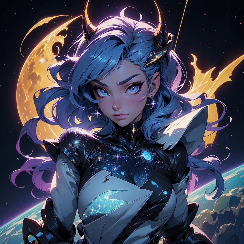 A space dragon sitting at the edge of the universe, lonely, sad, void, stars, the stars mixed in the sea, a sea of stars, ethereal woman, Blue and purple hair , space buns, space outfit, white black and gold outfit, golden dragon horns and tail, space outfit, space suit, mass effect suit, perfectly drawn face, black dress, stars detailed background, prismatic lighting, glitter, whole body, walking on the stars with crystal shoes A beautiful dragon humanoid woman with space hair of variant shades of blue and purple with space buns in hair , Golden scanes on the face and shoulders, Anime, 4k, Beautiful woman with a golden dragon tail and horns, Space hair, Floating in space, Vintage space Attire, floating through space, dancing, havign fun, Space Witch, Witch, Older woman, Toned physique, long hair with side bangs, humanoid face with scales, human with dragon horns and tail, witch outfit, body suit, thigh boots, wearing black, white and gold, blue hair, purple hair, Woman in space with water rippling reflecting the night sky, space and water mixed today, dancing in space, floating, ethereal dragon at the edge of the universe, end of the universe