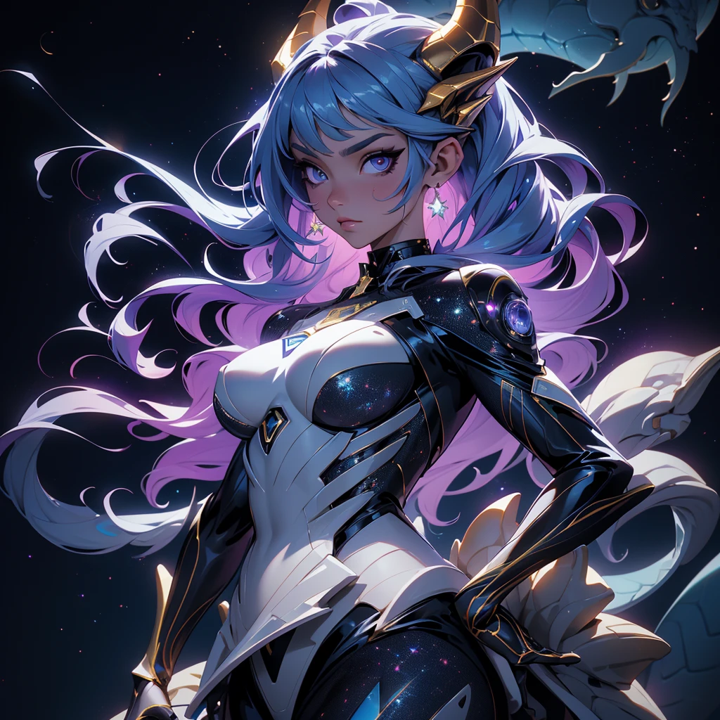 A space dragon sitting at the edge of the universe, lonely, sad, void, stars, the stars mixed in the sea, a sea of stars, ethereal woman, Blue and purple hair , space buns, space outfit, white black and gold outfit, golden dragon horns and tail, space outfit, space suit, mass effect suit, perfectly drawn face, black dress, stars detailed background, prismatic lighting, glitter, whole body, walking on the stars with crystal shoes A beautiful dragon humanoid woman with space hair of variant shades of blue and purple with space buns in hair , Golden scanes on the face and shoulders, Anime, 4k, Beautiful woman with a golden dragon tail and horns, Space hair, Floating in space, Vintage space Attire, floating through space, dancing, havign fun, Space Witch, Witch, Older woman, Toned physique, long hair with side bangs, humanoid face with scales, human with dragon horns and tail, witch outfit, body suit, thigh boots, wearing black, white and gold, blue hair, purple hair, Woman in space with water rippling reflecting the night sky, space and water mixed today, dancing in space, floating, ethereal dragon at the edge of the universe, end of the universe