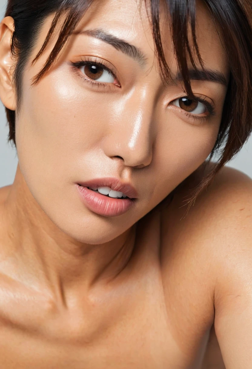一人のwomanの画像,、Face close-up、Smooth Skin、masterpiece、Highest quality、8K Photo、((close your eyes and open your mouth slightly))、close your eyes、Suffering face、(Wrinkles around the eyes:1.2),woman, 20-year-old、中年woman、Get closer to the audience、Wet lips、kiss pov,tilt your face slightly to the left、薄Dark Room、Dark Room、((Oily skin、Sweat, skin shining with Sweat,))