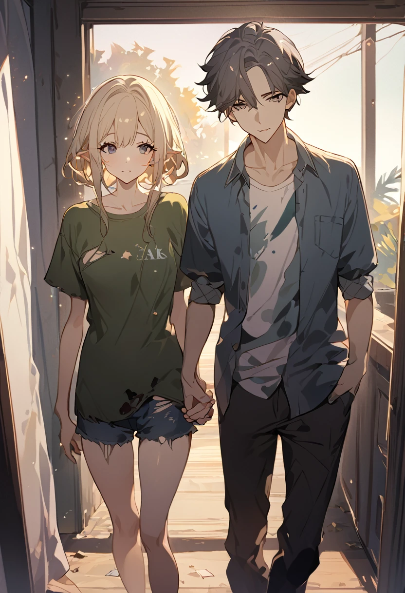 masterpiece, best quality, 8k ,4k, 2 boys, elf boys, long ears elf, twin elf, (one boy dark grayish hair with dark greenish eyes, torn and worn out clothes, thin body), (one boy light blond hair with dark bluish eyes, clean and neat clothes), stand side by side, holding hand, inspired by Asukaziye artist : ask, art style : ask