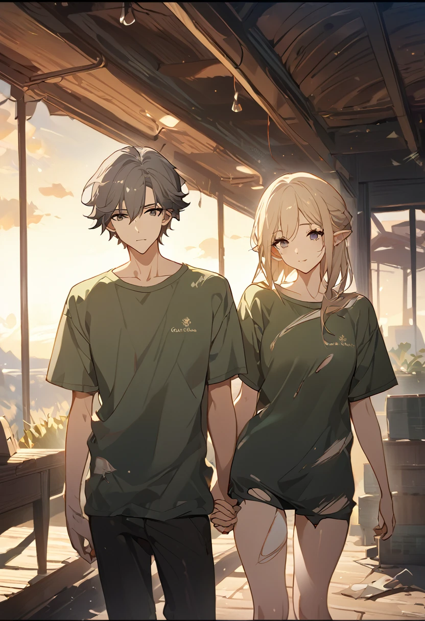 masterpiece, best quality, 8k ,4k, 2 boys, elf boys, long ears elf, twin elf, (one boy dark grayish hair with dark greenish eyes, torn and worn out clothes, thin body), (one boy light blond hair with dark bluish eyes, clean and neat clothes), stand side by side, holding hand, inspired by Asukaziye artist : ask, art style : ask