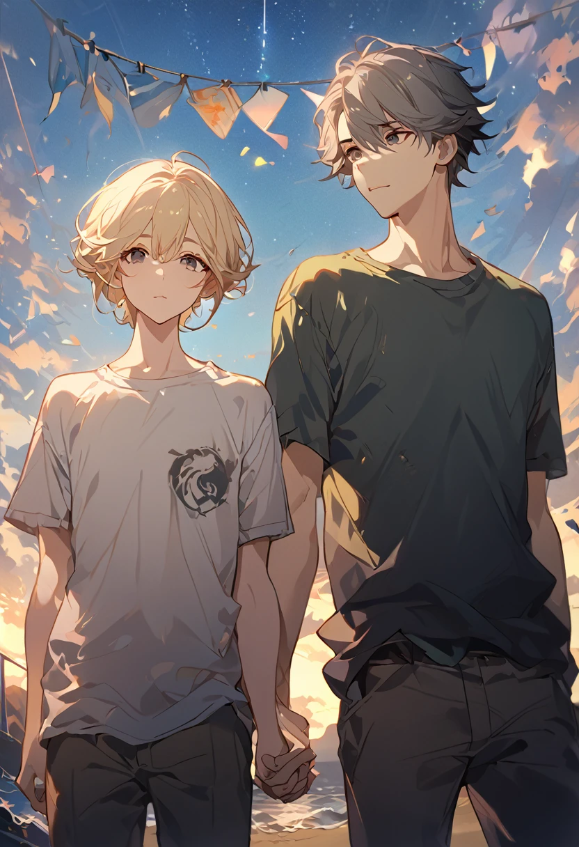 masterpiece, best quality, 8k ,4k, 2 boys, elf boys, long ears elf, twin elf, (one boy dark grayish hair with dark greenish eyes, torn and worn out clothes, thin body), (one boy light blond hair with dark bluish eyes, clean and neat clothes), stand side by side, holding hand, inspired by Asukaziye artist : ask, art style : ask