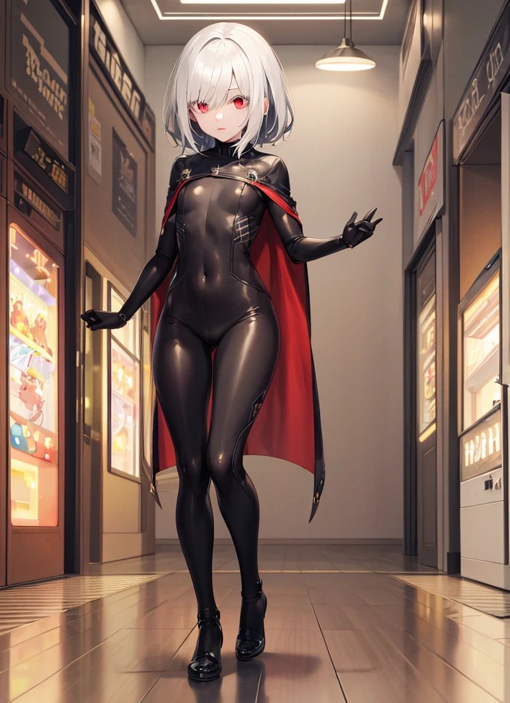 ((best quality)), ((highly detailed)), masterpiece, absurdres, (detailed eyes, deep eyes), (1girl), different views, full body, ((wide shot)), cape, bodysuit, albino, white hair, short hair, red eyes, eyelashes, very pale skin, skinny, (small, breast, ), (indoors, in an arcade)((( portrait)))