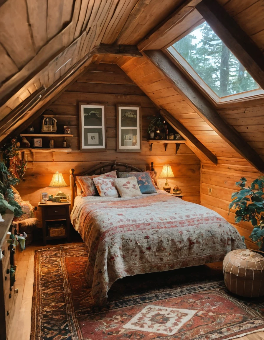 bedroom with a bed and a rug in a small room, cozy room, cozy treehouse bedroom, small bedroom, cozy place, cozy bed, cottagecore hippie, thomas kinkade. cute cozy room, in an attic, cottagecore, cozy and peaceful atmosphere, pleasant cozy atmosphere, cottagecore!!, cabin in the woods