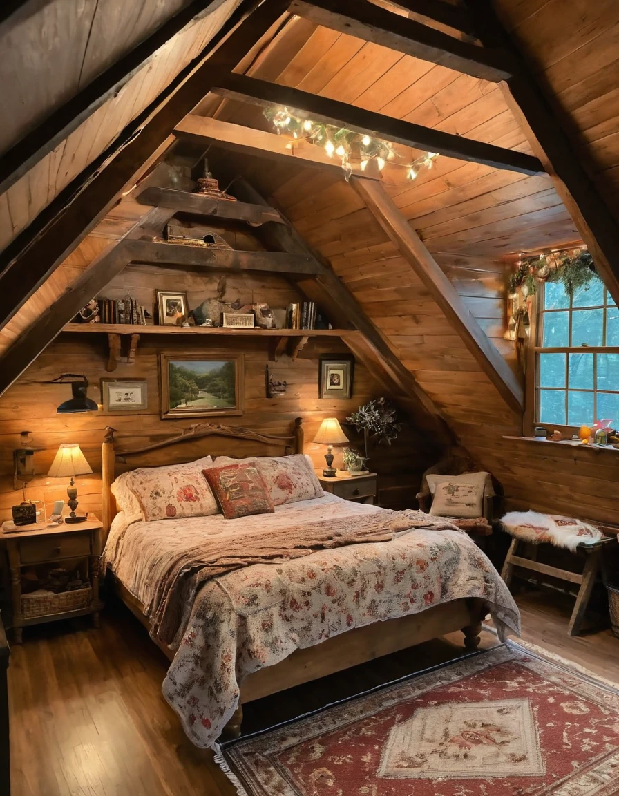 bedroom with a bed and a rug in a small room, cozy room, cozy treehouse bedroom, small bedroom, cozy place, cozy bed, cottagecore hippie, thomas kinkade. cute cozy room, in an attic, cottagecore, cozy and peaceful atmosphere, pleasant cozy atmosphere, cottagecore!!, cabin in the woods