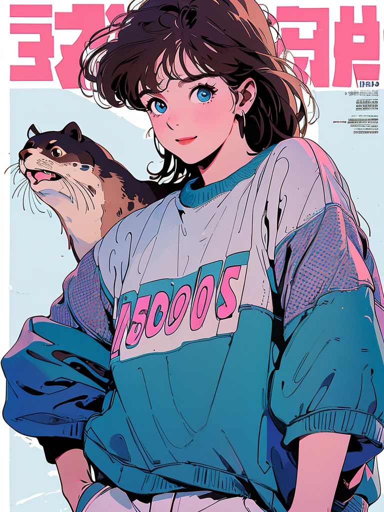 whole body、Upper Body、1 pretty woman、4k、White short-sleeved sweater、pedestrian crossing、Signal 、intersection、Complex background、Detailed Hair、smile、Blue Eyes、Light brown hair, with a cute otter, magazine cover.