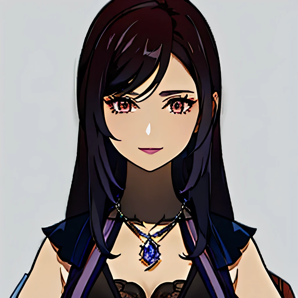 [a beautiful mature woman with a seductive smile and parted lips against a white background. She has sharp eyelashes, perfect brown eyes,  long black hair with bangs. His figure is voluptuous, with a narrow waist, Broad Hips, and huge breasts. The image has a style inspired by Genshin impact, with necklace with a purple crystal, rendered in high detail and HDR quality as a stunning work of art.] Full HD 