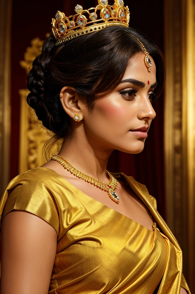 Royal queen wearing golden saree and crown image side angle face
Realistic photo