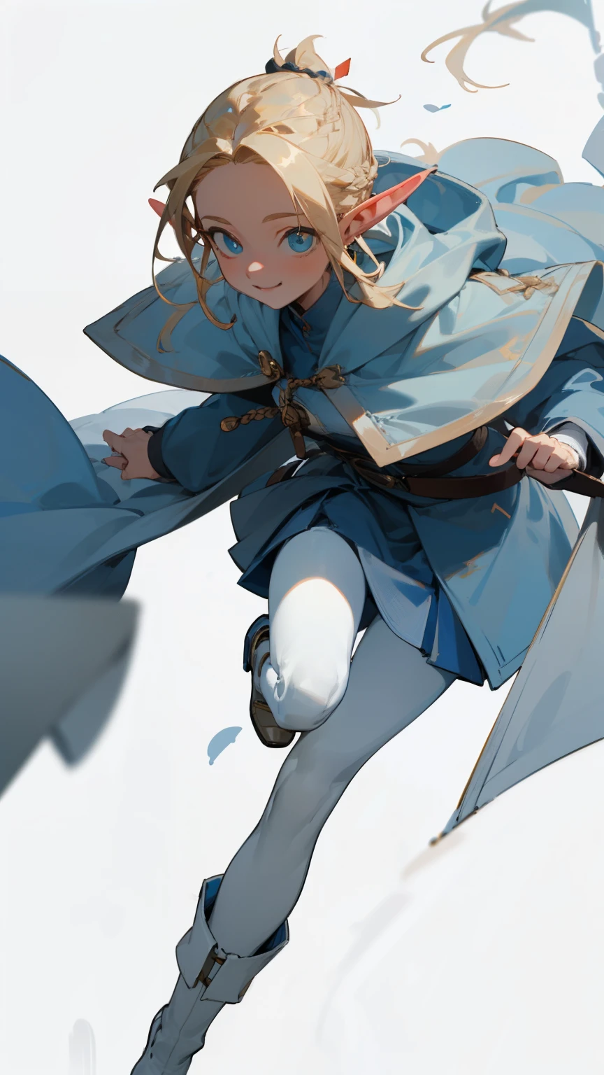 (masterpiece), ((best quality)), (super detailed), (beautiful eyes beautiful details eyes, Clean and delicate face), (whole body, moving posture), Single Braided blonde pony tail, parted bangs, forehead, blue eye, elf ears, happy smile, wearing  white cape coat and skirt, white pantyhose, white boots, simple color background