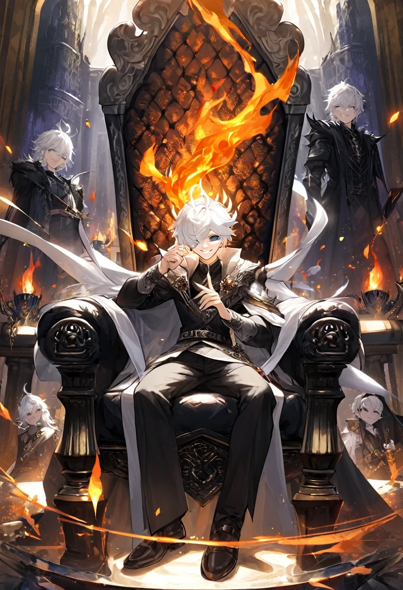 White white hair boy in a pitty smile face sitting in a black throne and his hand is holding a fire and theres in a abyss throne