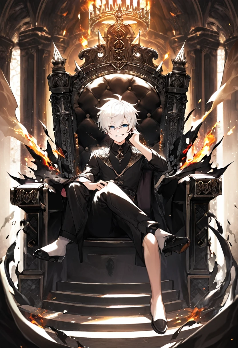 White white hair boy in a pitty smile face sitting in a black throne and his hand is holding a fire and theres in a abyss throne