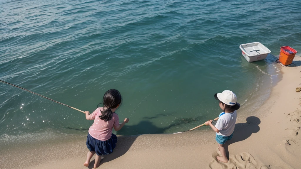 Top view，Close shot，Two children are fishing for pearls with a fishing net in the shallow sea，Beach blue，sunny。spray。Clear
