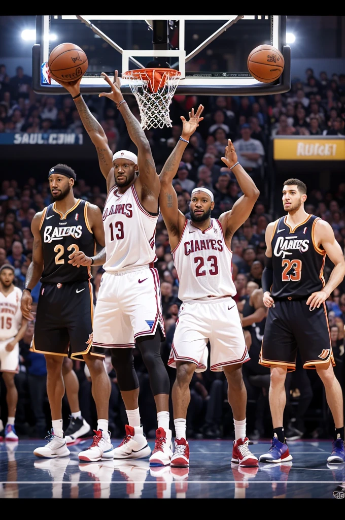 Create an image of the players and everyone together is cube Brian Lebron James Shaquille O'Neal