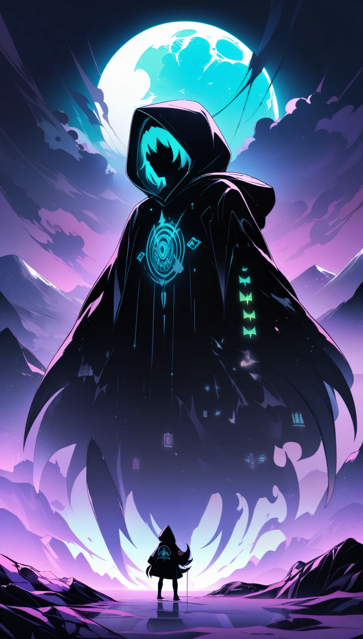 Surreal landscape with moon glow, Features a hooded silhouette with faceless function. The silhouette is、Highlighted with glowing glyphs and symbols, It is accentuated by the character's large hood and long claws,