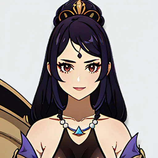 [a beautiful mature woman with a seductive smile and parted lips against a white background. She has sharp eyelashes, perfect brown eyes,  long black hair with bangs. His figure is voluptuous, with a narrow waist, Broad Hips, and huge breasts. The image has a style inspired by Genshin impact, with necklace with a purple crystal, rendered in high detail and HDR quality as a stunning work of art.] Full HD , Nude