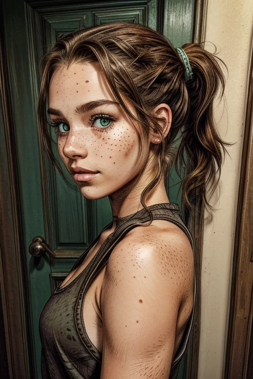 Teen girl with a ponytail, freckles, green eyes and brown hair Beautiful Freckles