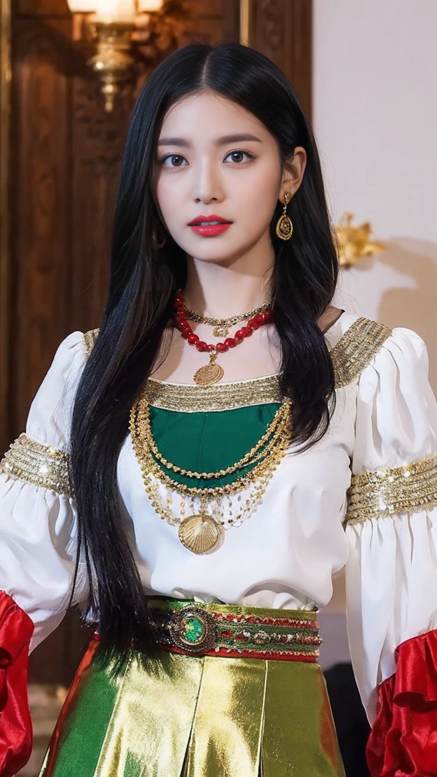 Gypsy with green eyes and black hair, White blouse with gold medal and red skirt with frills, Shell Necklace.