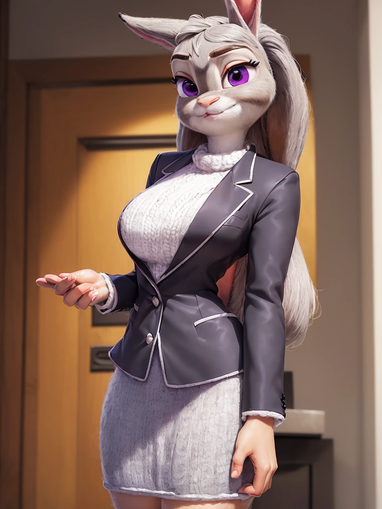 best quality,
masterpiece,
super detail,
3D,
Portrait,
background is an office,
bloom office,

(Face is JudyHopps:1.4),
((long straight hair)),
(see-through bangs:1.3),
bright purple eyes,
(arched eyebrows:1.2),
(uplift eyebrows:1.1),
(rabbit ears:1.1),

(outfit is made of wool:1.4), 
(((body is made of wool fabric)))
(body is gray with fluffy and fluffy:1.3),
(skin is wool fabric with fluffy and fluffy:1.3),

office lady is wearing suit,
((White blouse)),
((Black blazer jacket)),
((Black skirt)),
clothes made of cotton,

(solo:1.5),
(1 lady:1.5),
one character only