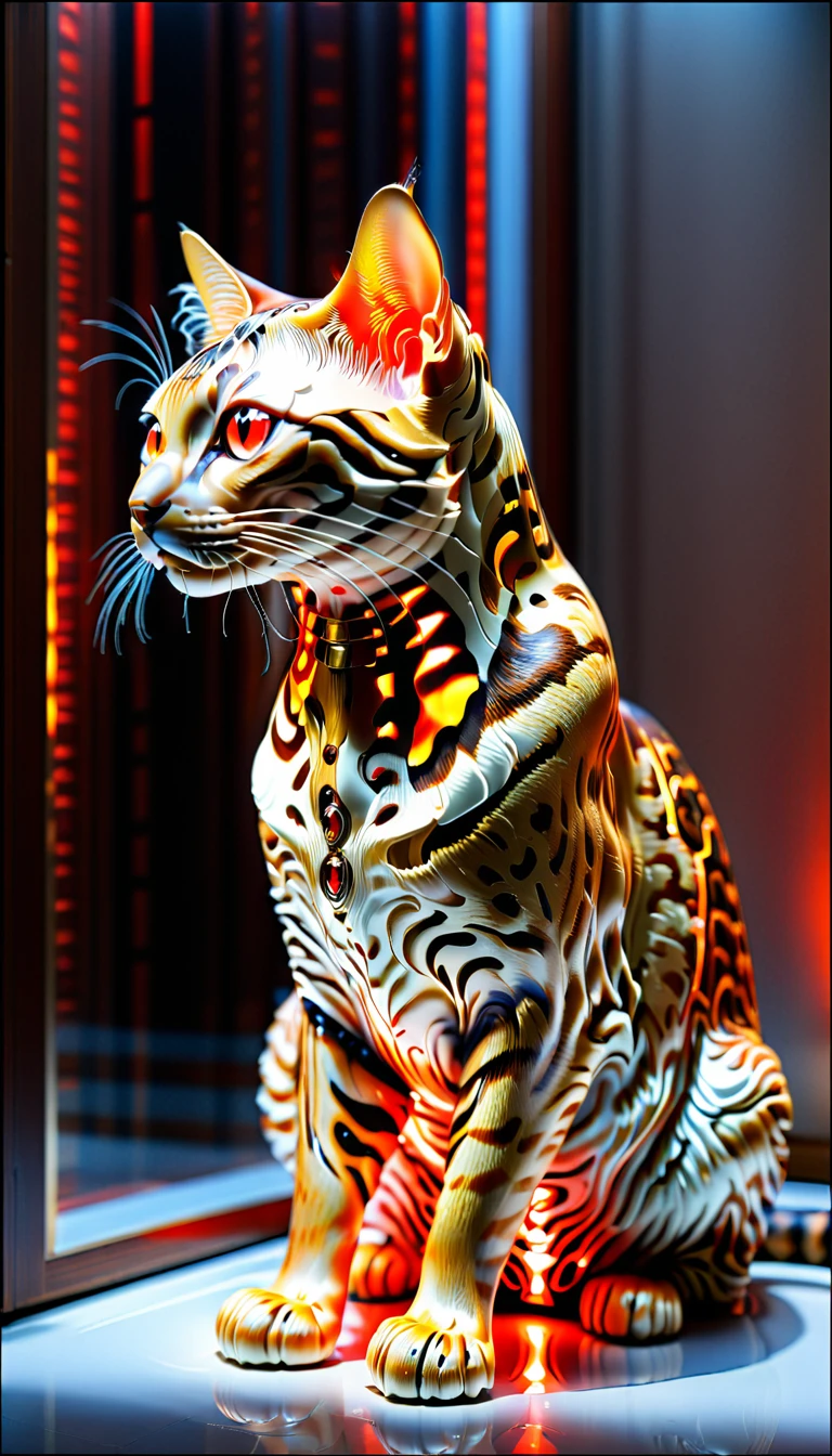There is no one, realistic photo, realism, bengal cat, future oriented, metal decoration, Shining red light inside, hollow interior, Polish, ray tracing, perfect composition, intricate details, Very sharp, masterpiece, profile