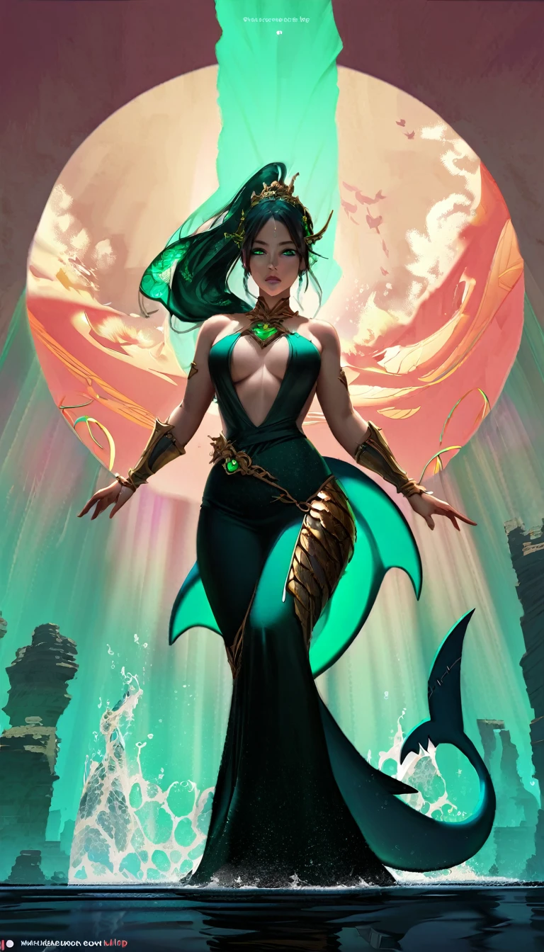 best quality,4k,8k, highres, masterpiece:1.2), ultra-detailed, extremely detailed eyes, extremely detailed body, the average Levianthar woman is a striking and formidable figure, standing tall at around 6 to 7 feet with a lean, muscular build that showcases her strength and agility. Her skin is smooth and slightly iridescent, with a bluish or grayish tint that shimmers under light, reflecting her aquatic heritage. She possesses long, flowing hair that ranges in color from deep seaweed green to midnight blue, often adorned with small, bioluminescent beads or shells. Her large, expressive eyes are adapted for both underwater and terrestrial vision, featuring hues of deep blue or emerald, green, and often possessing a subtle, ethereal glow. High cheekbones and slightly elongated ears add to her otherworldly beauty, while gill-like structures along her neck hint at her ability to thrive in the ocean depths. Her fingers and toes are slightly webbed, enhancing her swimming abilities, and a thick, powerful tail reminiscent of a shark's extends from her lower back, aiding in swift underwater movement. Her overall appearance exudes an aura of strength, grace, and mystery, embodying the unique blend of aquatic and humanoid features that define the Levianthar race, dynamic lighting, cinematic lighting, dramatic atmosphere, Atey Ghailan, Jeremy Mann, Greg Manchess, Antonio Moro, trend in ArtStation, trend in CGSociety, Intricate, High Detail, Sharp focus, dramatic and photorealistic painting art by Midjourney and Greg Rutkowski, Jeff Bridges, ((cartoon style)), Marvel Cinematic Universe style, tail, shark tail, fins, fish tail, shark fin,