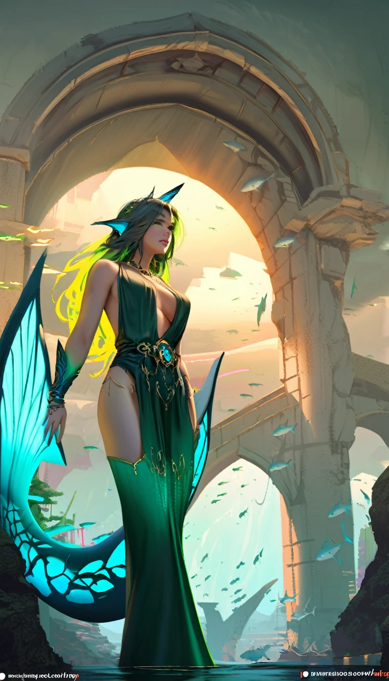 best quality,4k,8k, highres, masterpiece:1.2), ultra-detailed, extremely detailed eyes, extremely detailed body, the average Levianthar woman is a striking and formidable figure, standing tall at around 6 to 7 feet with a lean, muscular build that showcases her strength and agility. Her skin is smooth and slightly iridescent, with a bluish or grayish tint that shimmers under light, reflecting her aquatic heritage. She possesses long, flowing hair that ranges in color from deep seaweed green to midnight blue, often adorned with small, bioluminescent beads or shells. Her large, expressive eyes are adapted for both underwater and terrestrial vision, featuring hues of deep blue or emerald, green, and often possessing a subtle, ethereal glow. High cheekbones and slightly elongated ears add to her otherworldly beauty, while gill-like structures along her neck hint at her ability to thrive in the ocean depths. Her fingers and toes are slightly webbed, enhancing her swimming abilities, and a thick, powerful tail reminiscent of a shark's extends from her lower back, aiding in swift underwater movement. Her overall appearance exudes an aura of strength, grace, and mystery, embodying the unique blend of aquatic and humanoid features that define the Levianthar race, dynamic lighting, cinematic lighting, dramatic atmosphere, Atey Ghailan, Jeremy Mann, Greg Manchess, Antonio Moro, trend in ArtStation, trend in CGSociety, Intricate, High Detail, Sharp focus, dramatic and photorealistic painting art by Midjourney and Greg Rutkowski, Jeff Bridges, ((cartoon style)), Marvel Cinematic Universe style, tail, shark tail, fins, fish tail, shark fin,