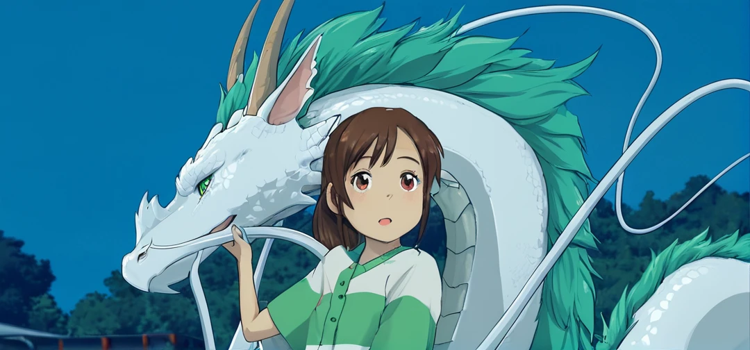 girl, brown hair with ponytail, white t-short with green stripe, white dragon
